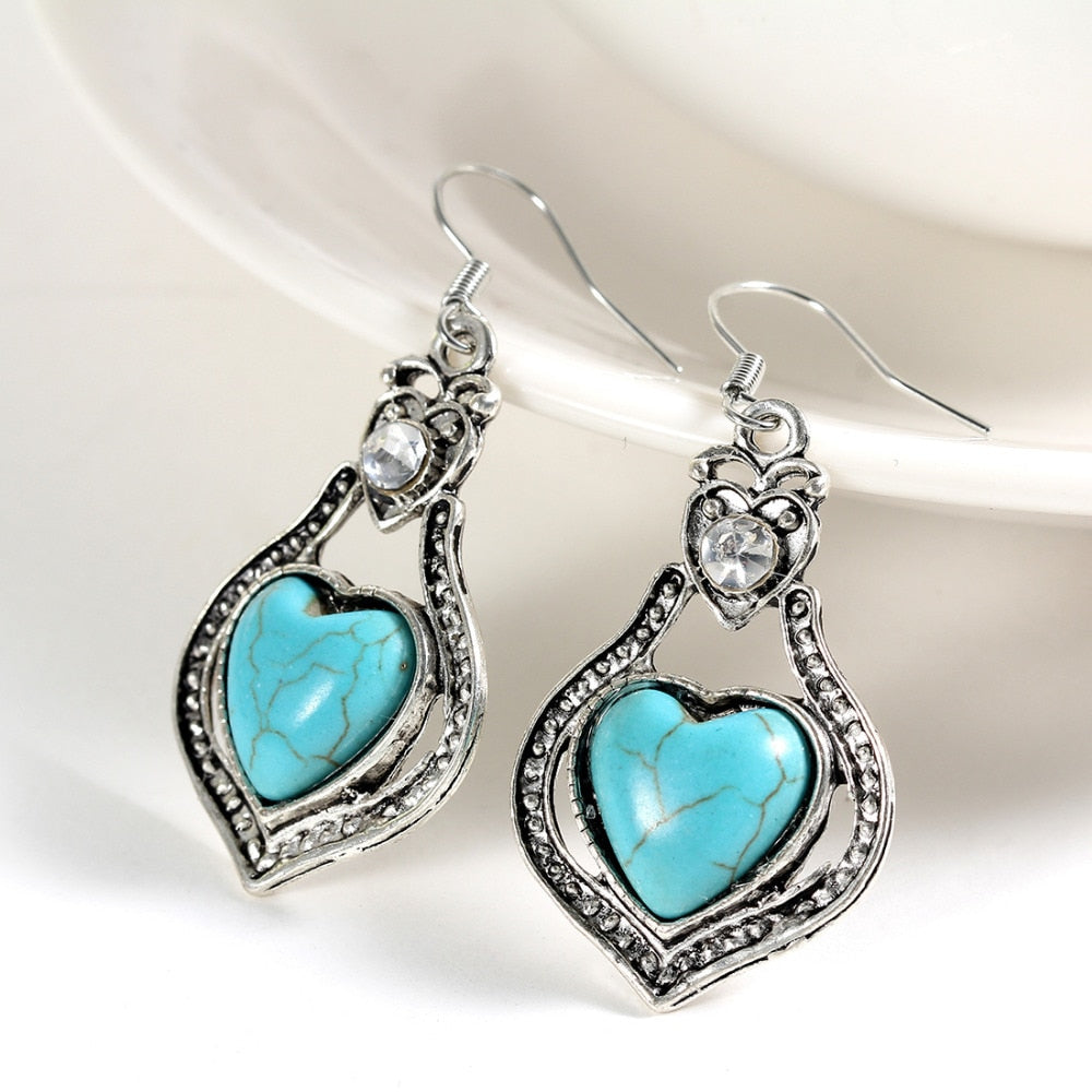 Heart Crystal Blue Stone Drop Earrings